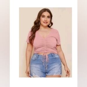 Shien Plus Size Drawstring Ruched Front Lettuce Trim Top